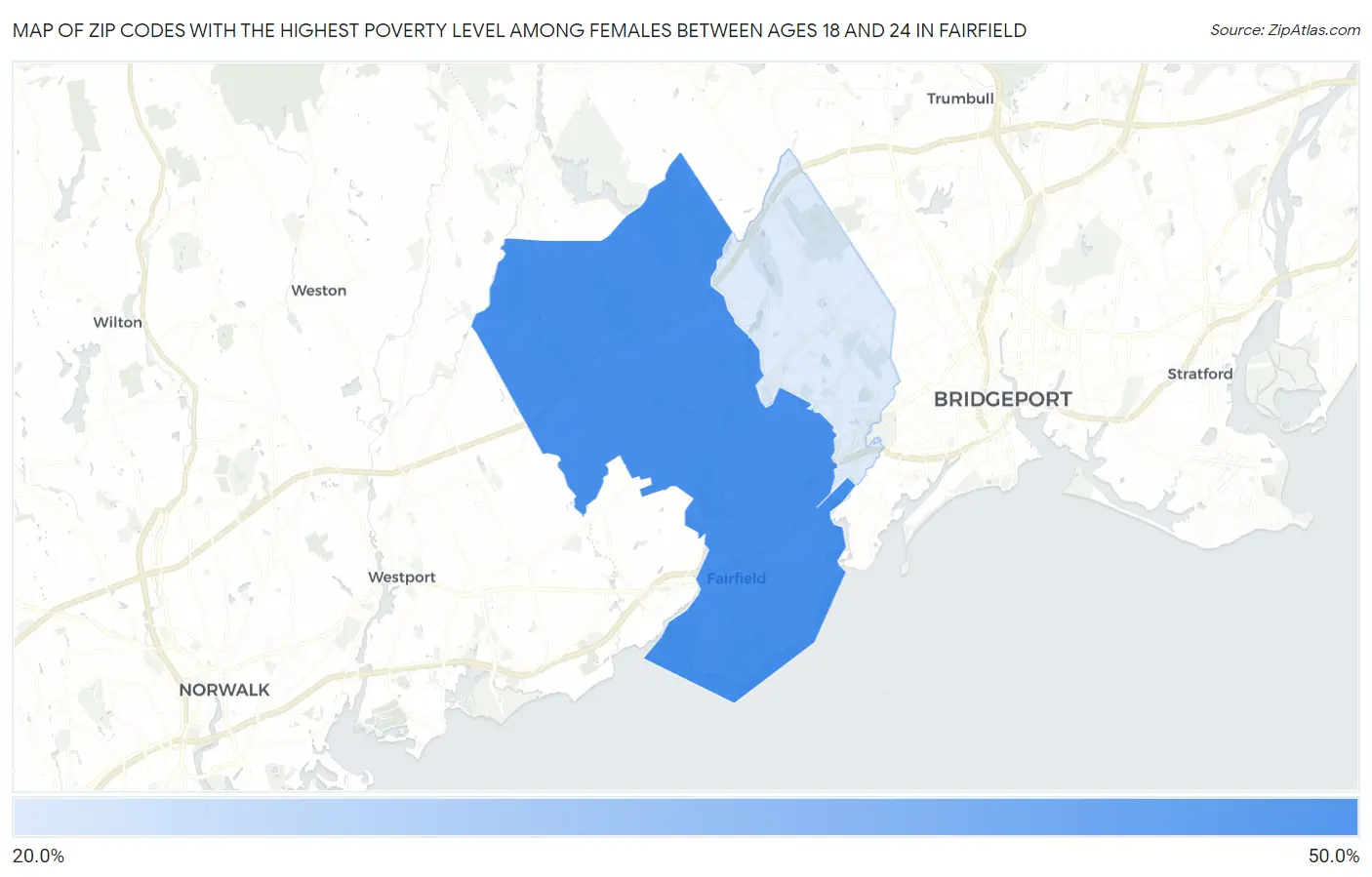Zip Codes with the Highest Poverty Level Among Females Between Ages 18 and 24 in Fairfield Map