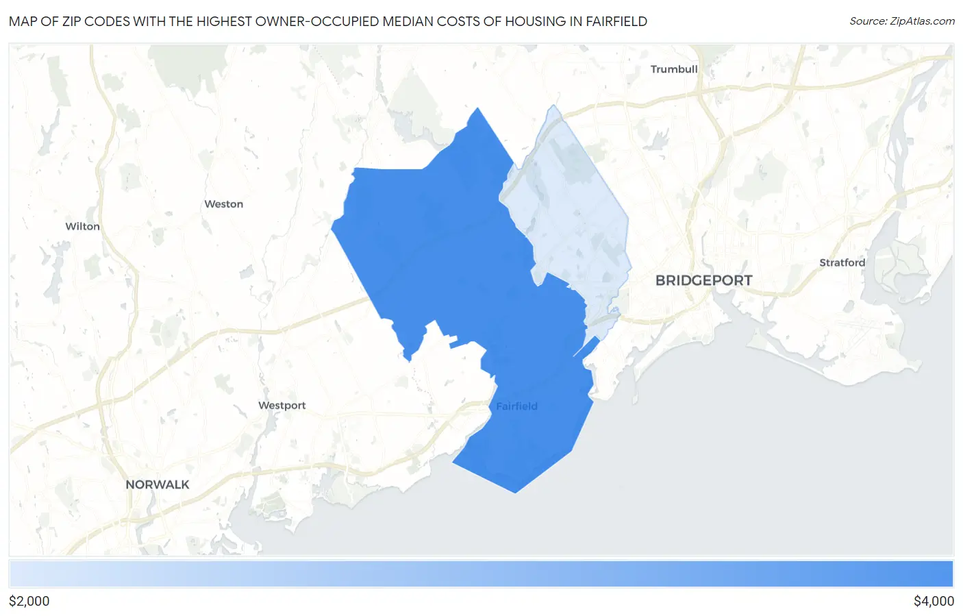 Zip Codes with the Highest Owner-Occupied Median Costs of Housing in Fairfield Map