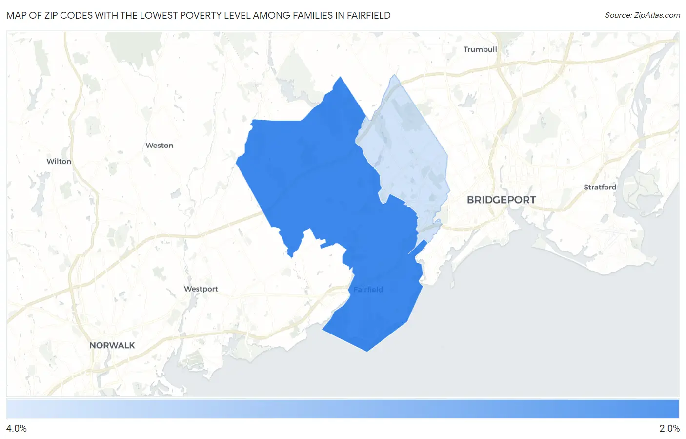Zip Codes with the Lowest Poverty Level Among Families in Fairfield Map