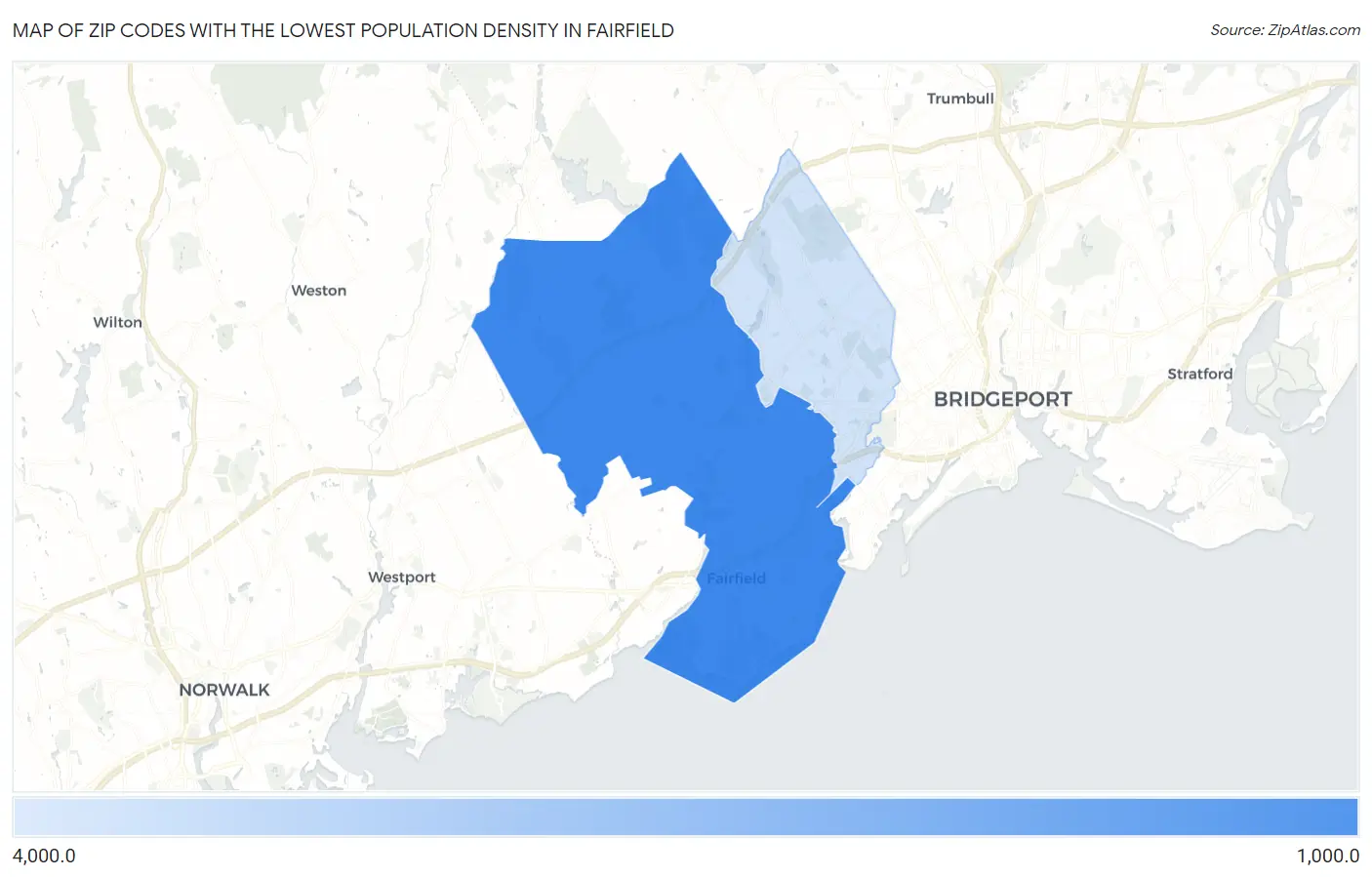 Zip Codes with the Lowest Population Density in Fairfield Map