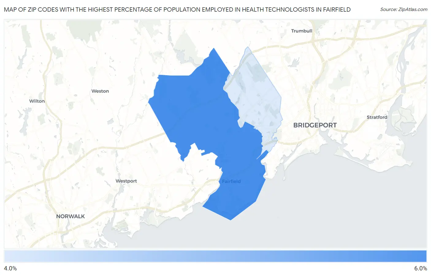 Zip Codes with the Highest Percentage of Population Employed in Health Technologists in Fairfield Map
