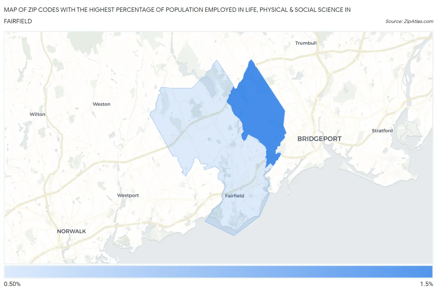 Zip Codes with the Highest Percentage of Population Employed in Life, Physical & Social Science in Fairfield Map