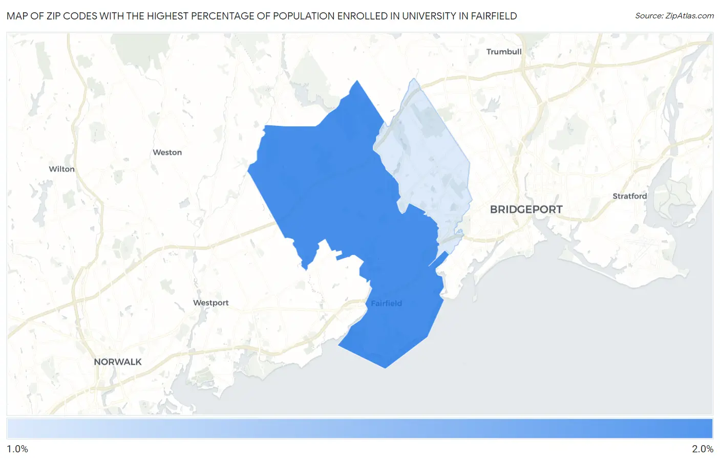 Zip Codes with the Highest Percentage of Population Enrolled in University in Fairfield Map