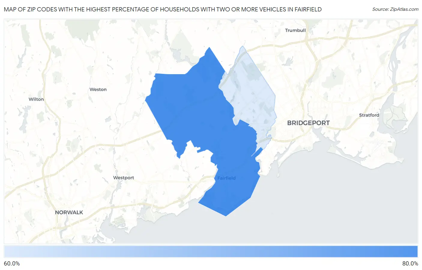 Zip Codes with the Highest Percentage of Households With Two or more Vehicles in Fairfield Map