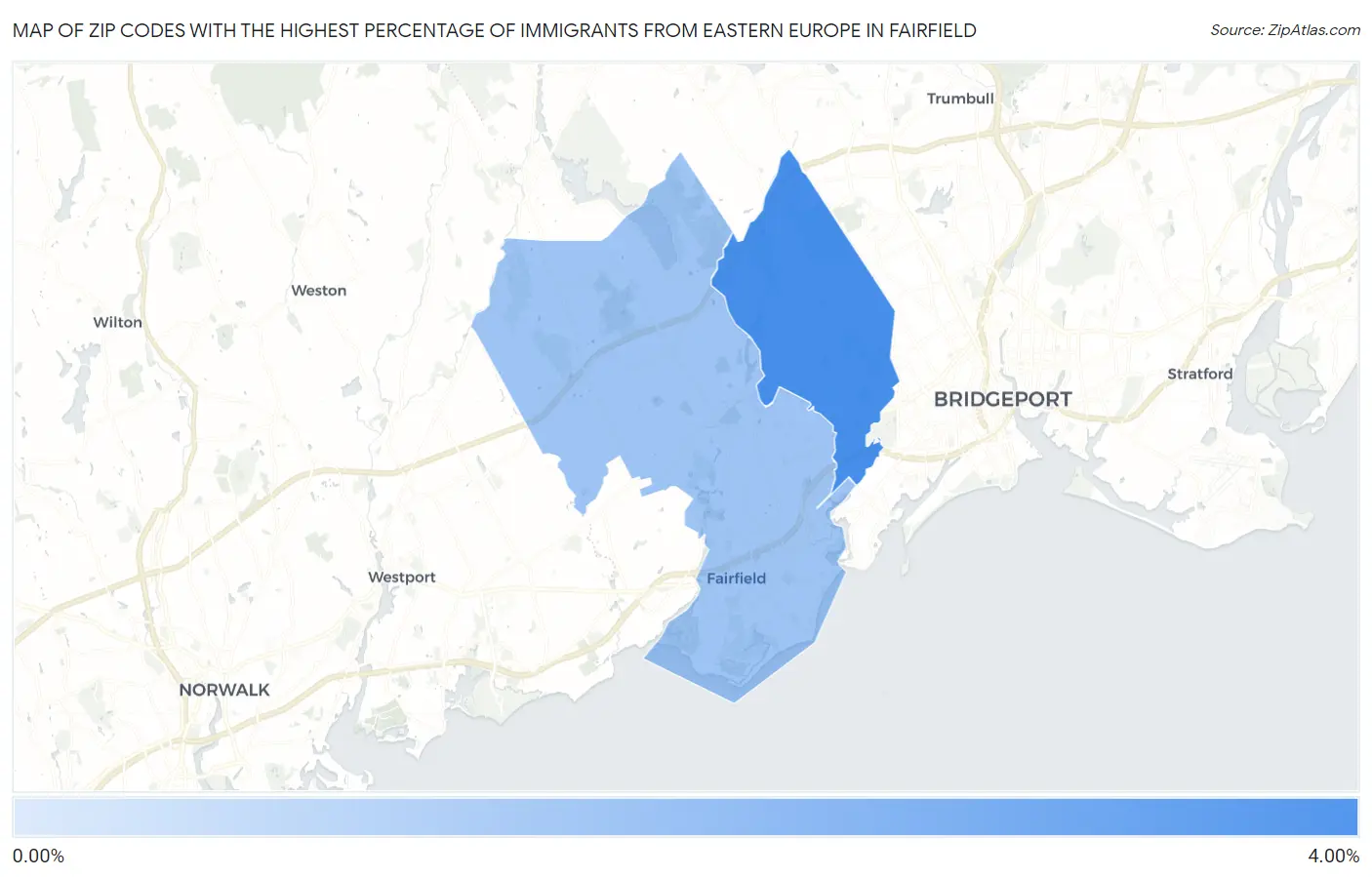 Zip Codes with the Highest Percentage of Immigrants from Eastern Europe in Fairfield Map