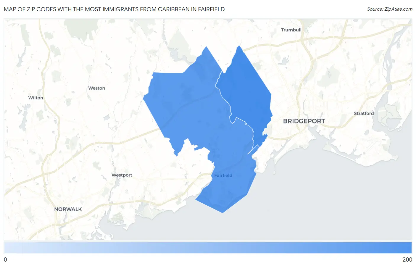 Zip Codes with the Most Immigrants from Caribbean in Fairfield Map