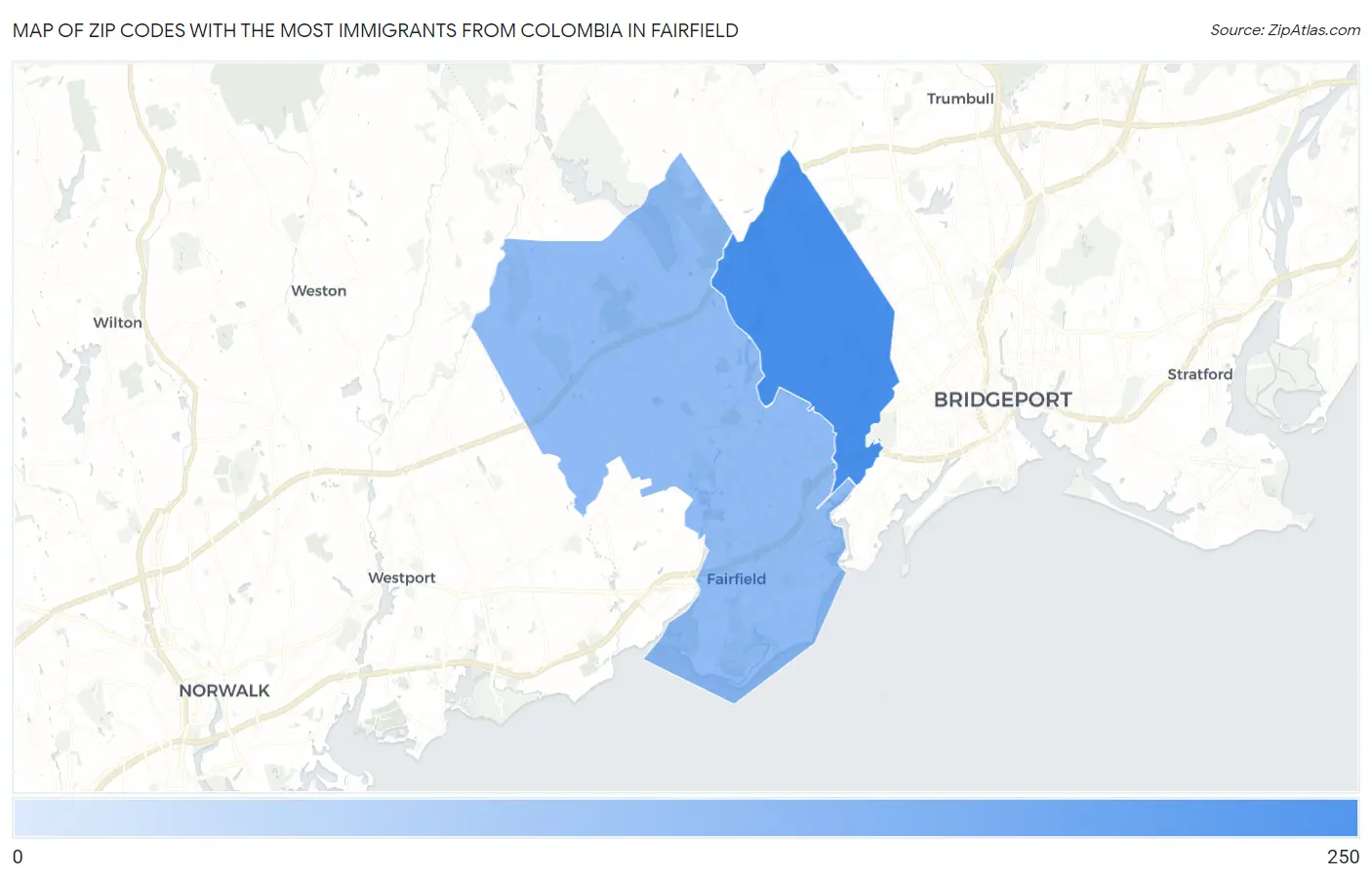 Zip Codes with the Most Immigrants from Colombia in Fairfield Map