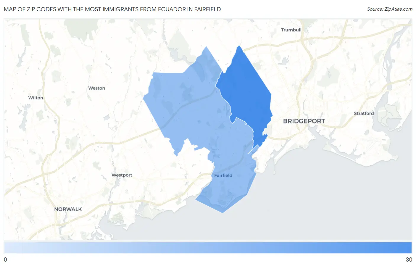 Zip Codes with the Most Immigrants from Ecuador in Fairfield Map