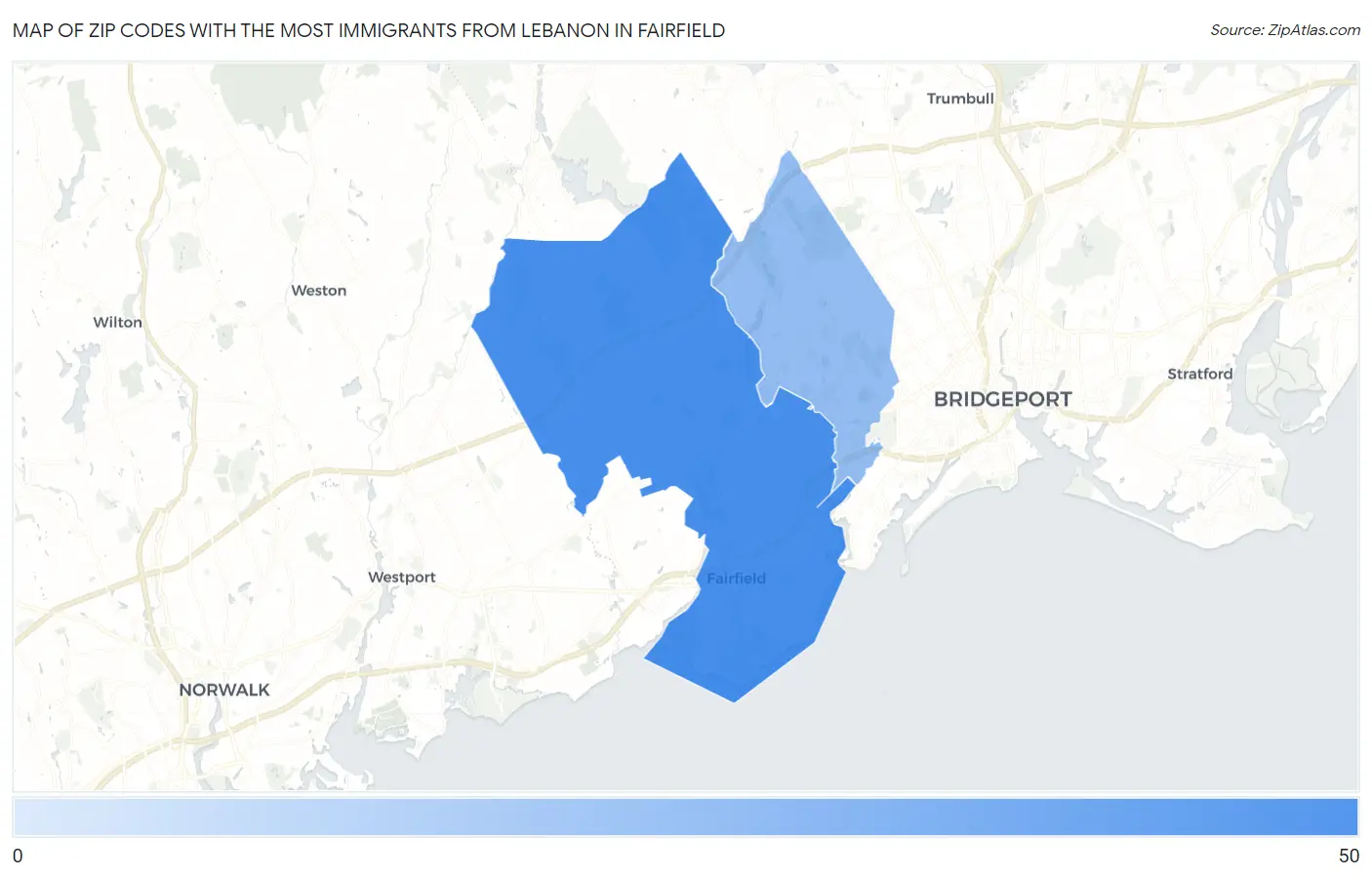 Zip Codes with the Most Immigrants from Lebanon in Fairfield Map