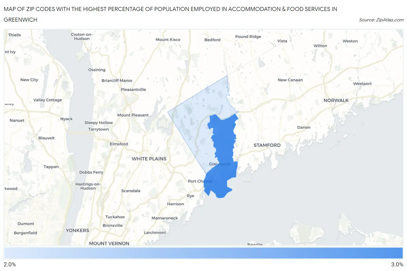 Zip Codes with the Highest Percentage of Population Employed in Accommodation & Food Services in Greenwich Map