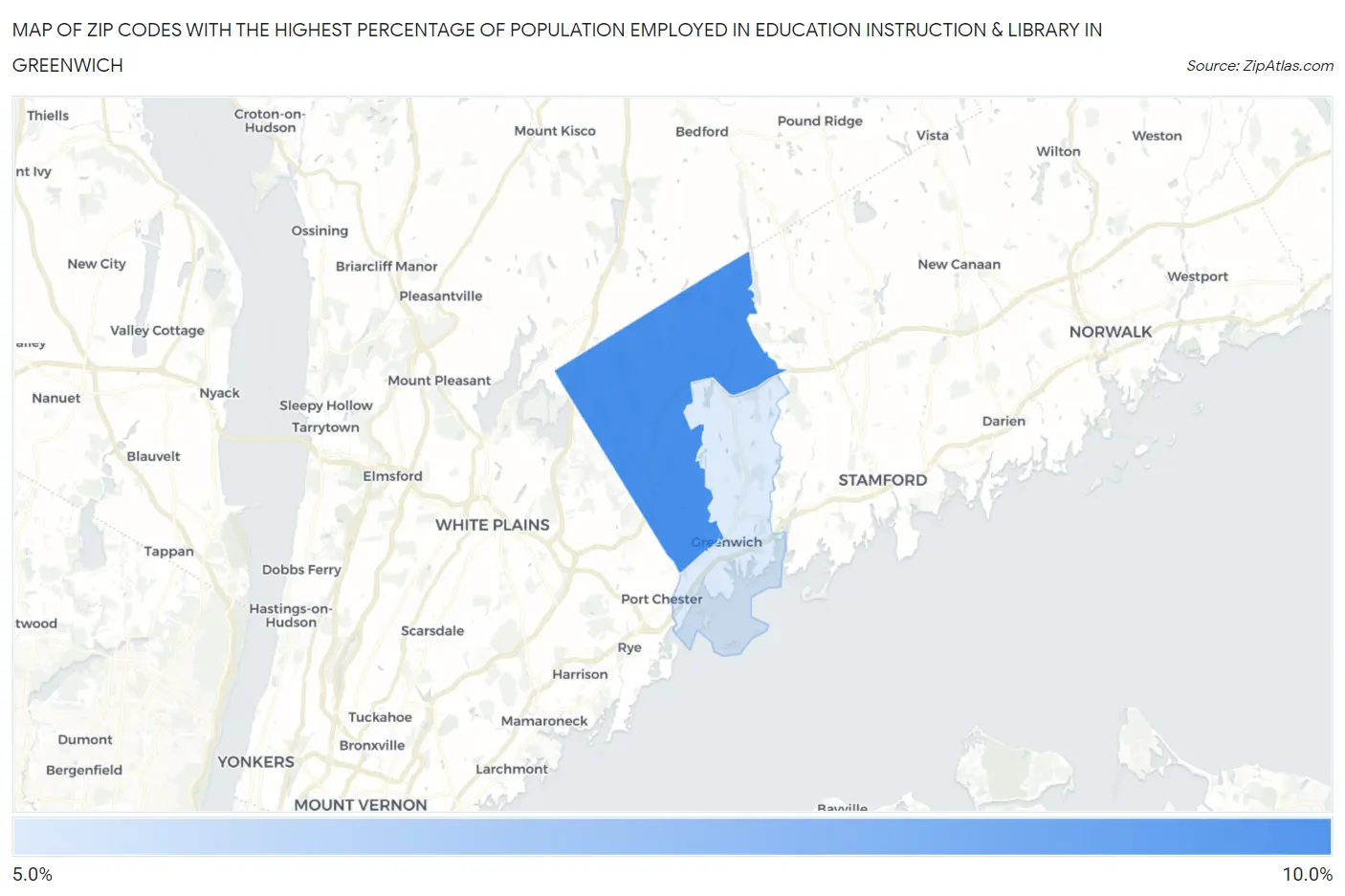 Zip Codes with the Highest Percentage of Population Employed in Education Instruction & Library in Greenwich Map