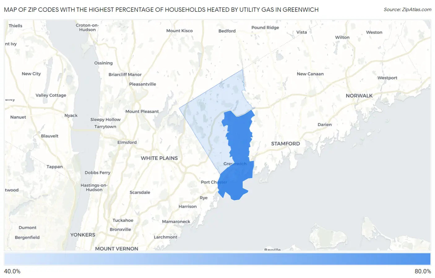 Zip Codes with the Highest Percentage of Households Heated by Utility Gas in Greenwich Map