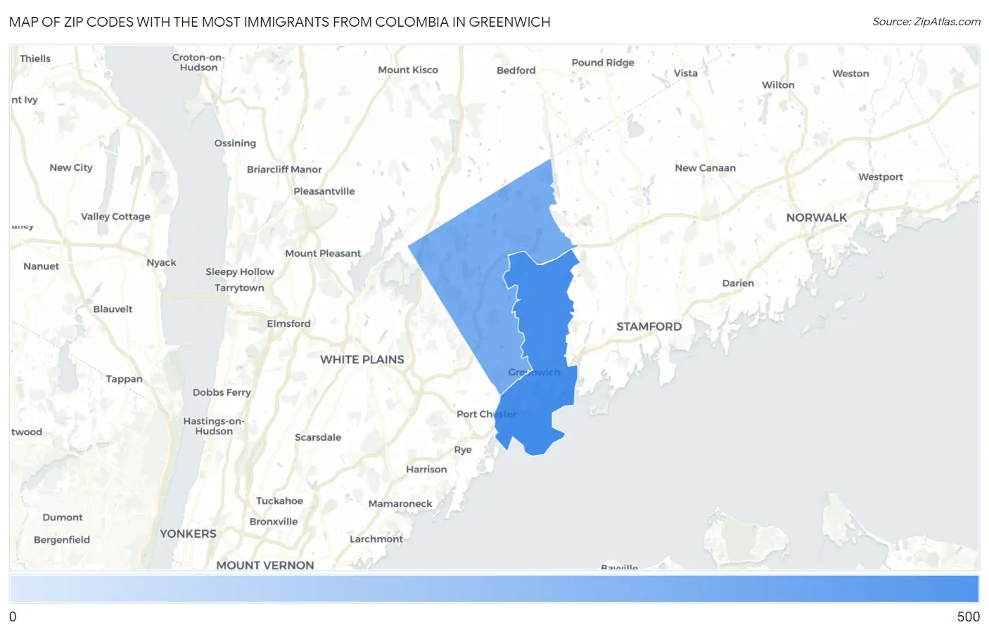 Zip Codes with the Most Immigrants from Colombia in Greenwich Map
