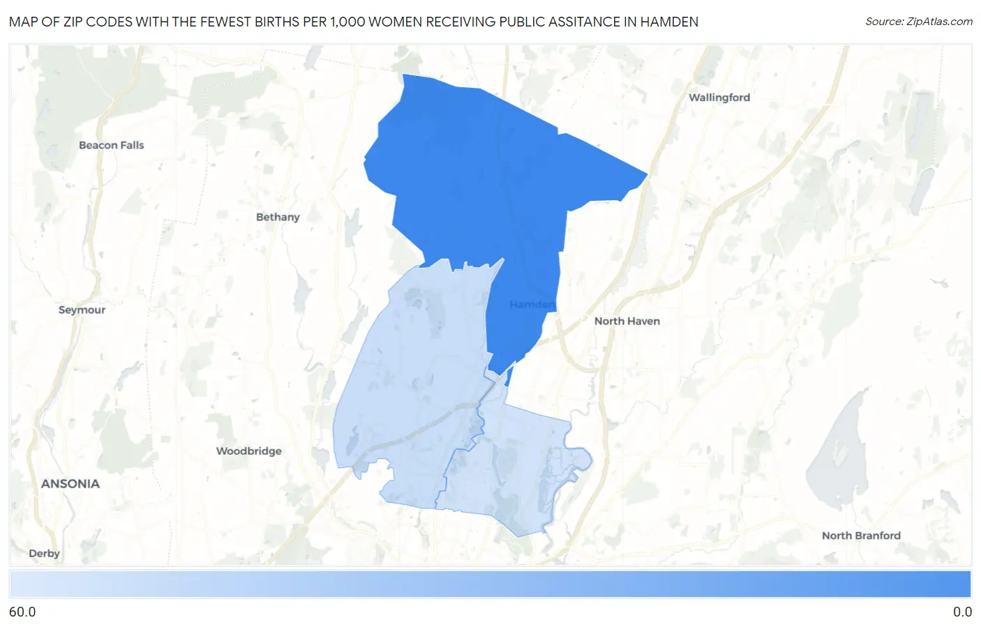 Zip Codes with the Fewest Births per 1,000 Women Receiving Public Assitance in Hamden Map