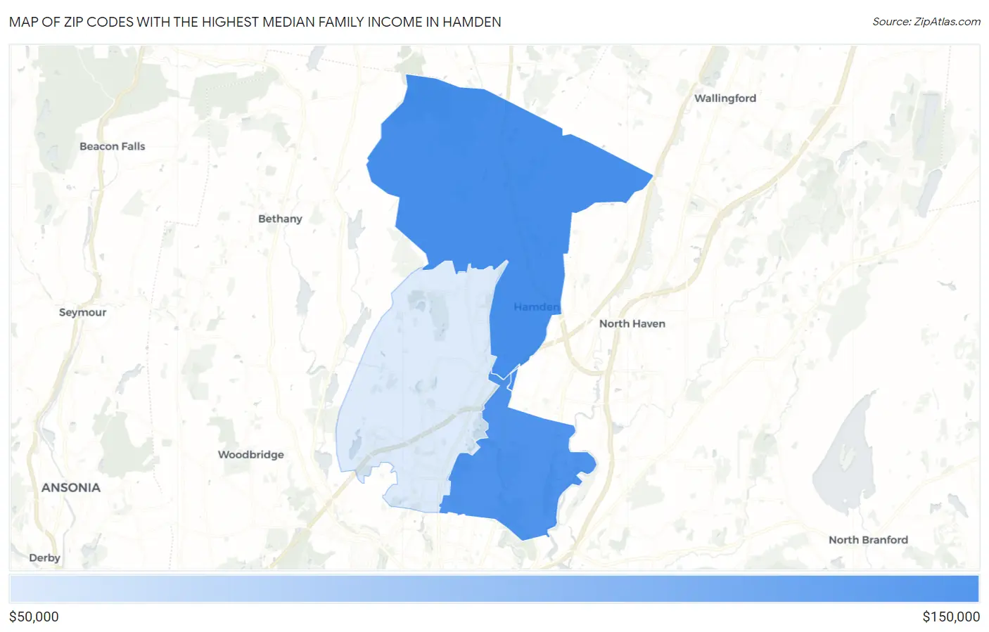 Zip Codes with the Highest Median Family Income in Hamden Map