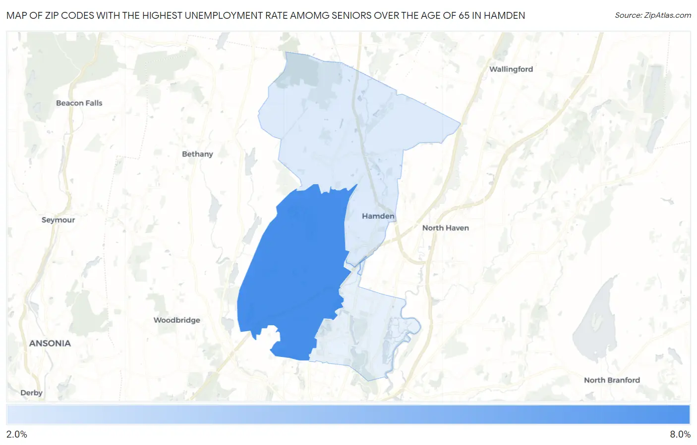 Zip Codes with the Highest Unemployment Rate Amomg Seniors Over the Age of 65 in Hamden Map