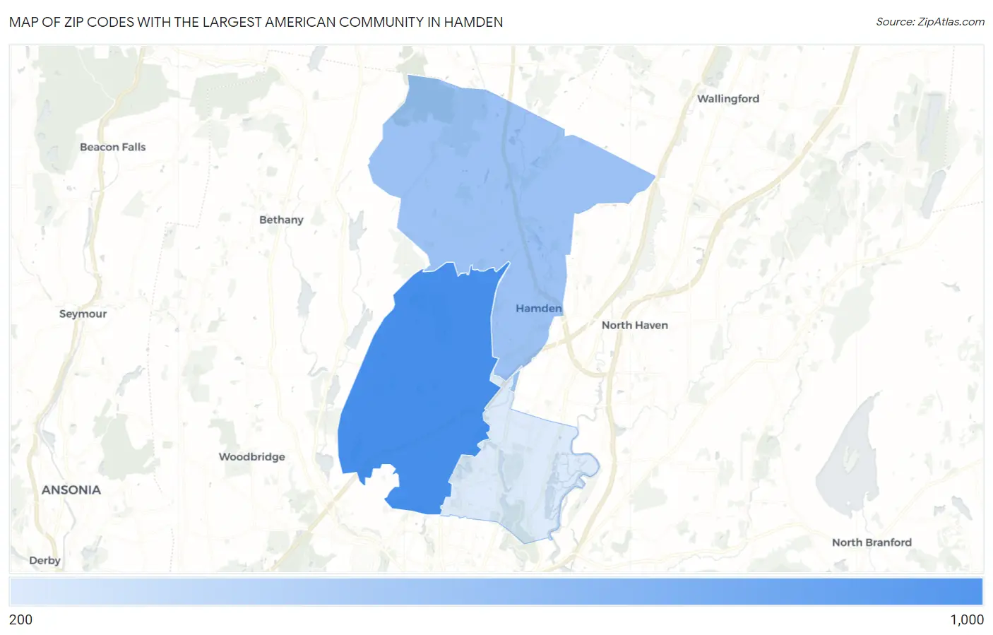 Zip Codes with the Largest American Community in Hamden Map