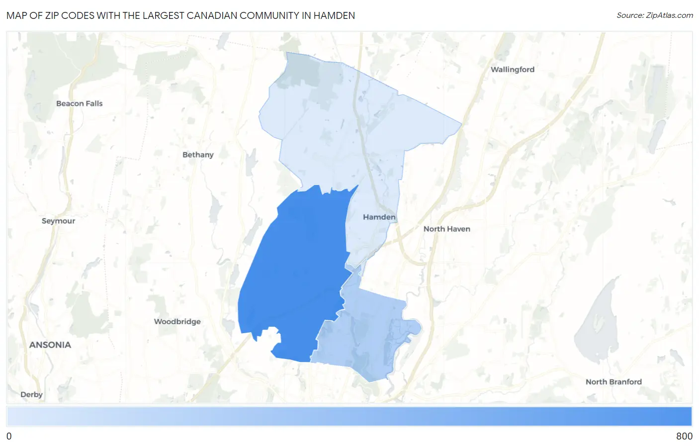 Zip Codes with the Largest Canadian Community in Hamden Map
