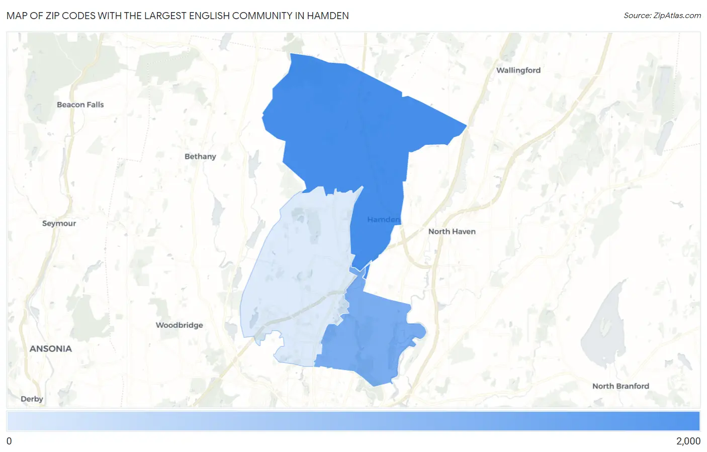 Zip Codes with the Largest English Community in Hamden Map