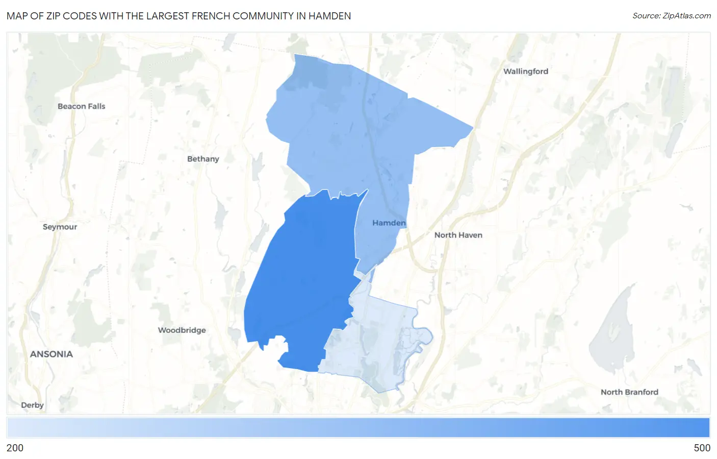Zip Codes with the Largest French Community in Hamden Map