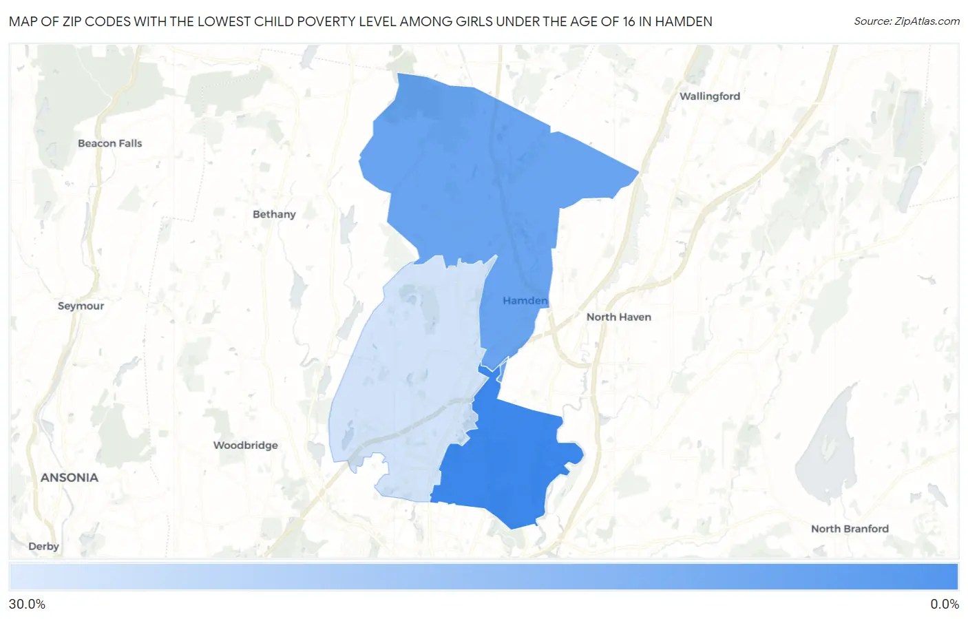 Zip Codes with the Lowest Child Poverty Level Among Girls Under the Age of 16 in Hamden Map