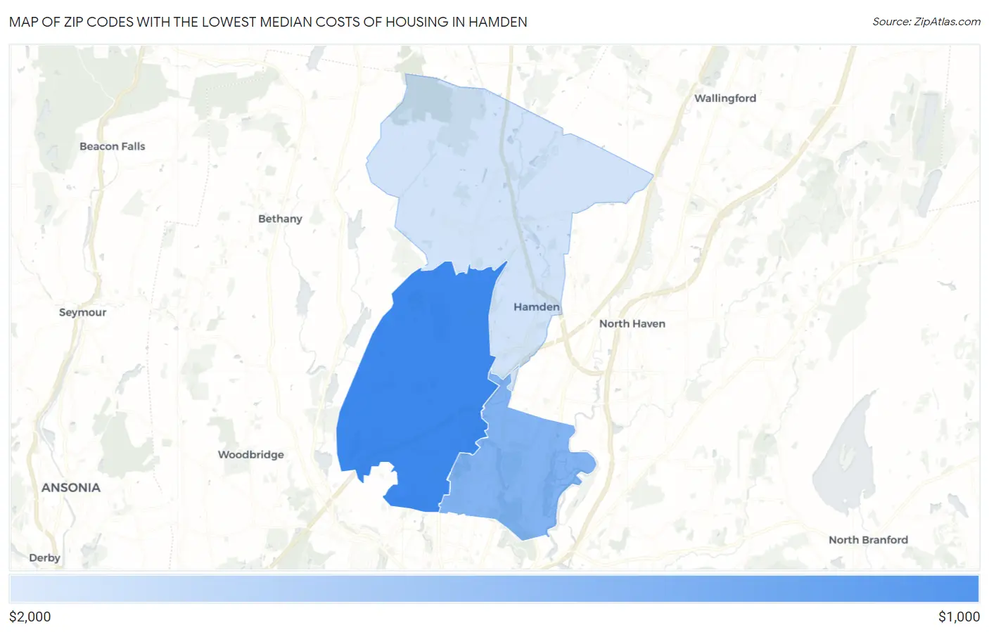 Zip Codes with the Lowest Median Costs of Housing in Hamden Map