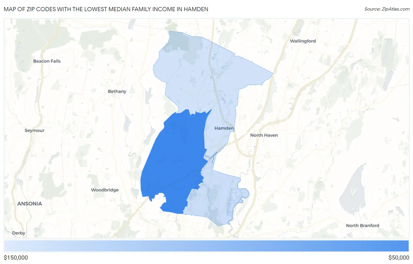 Zip Codes with the Lowest Median Family Income in Hamden Map