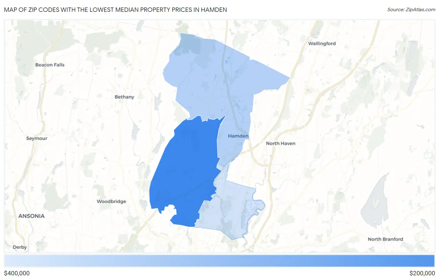 Zip Codes with the Lowest Median Property Prices in Hamden Map