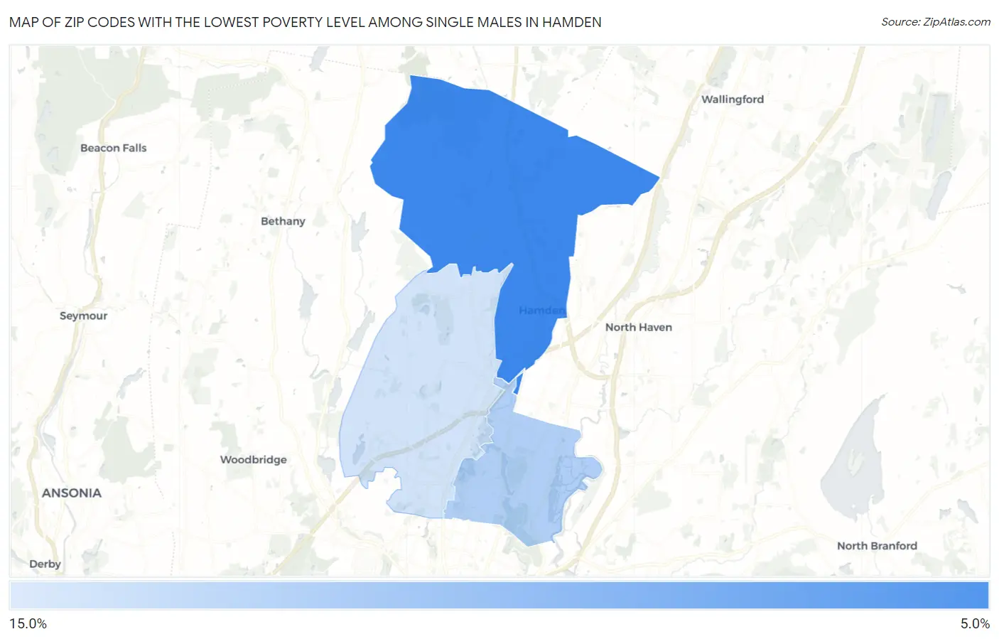 Zip Codes with the Lowest Poverty Level Among Single Males in Hamden Map