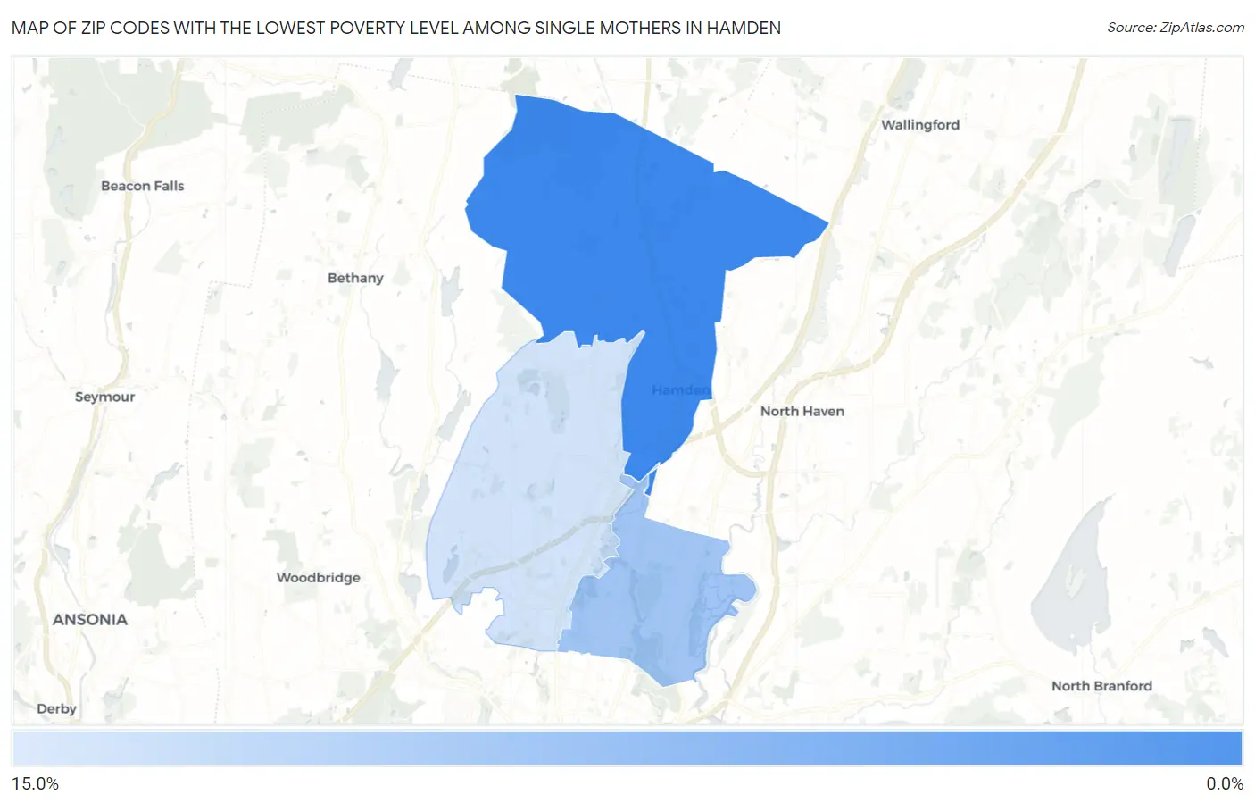 Zip Codes with the Lowest Poverty Level Among Single Mothers in Hamden Map