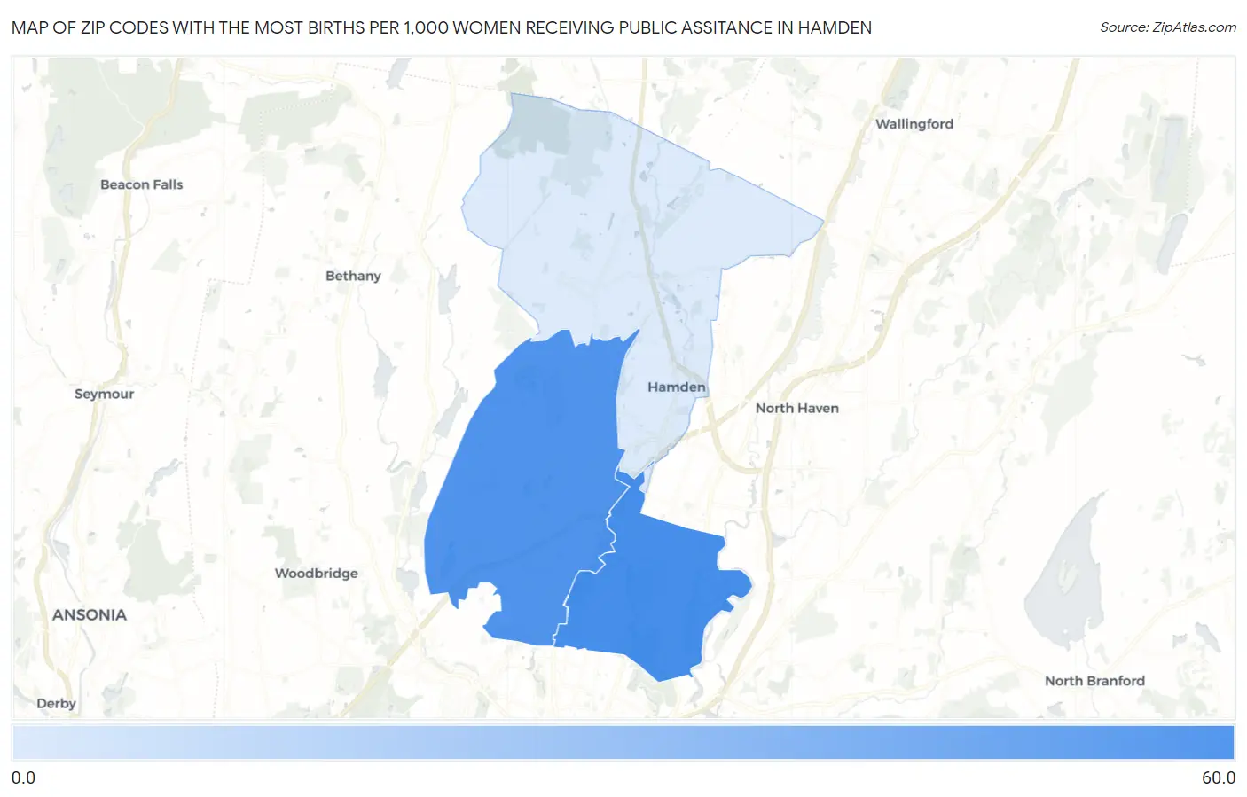 Zip Codes with the Most Births per 1,000 Women Receiving Public Assitance in Hamden Map