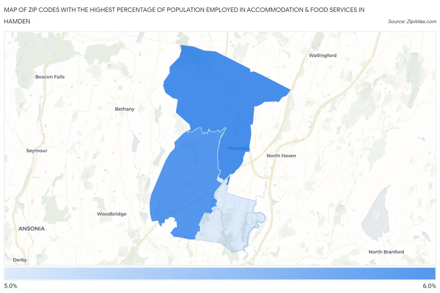Zip Codes with the Highest Percentage of Population Employed in Accommodation & Food Services in Hamden Map