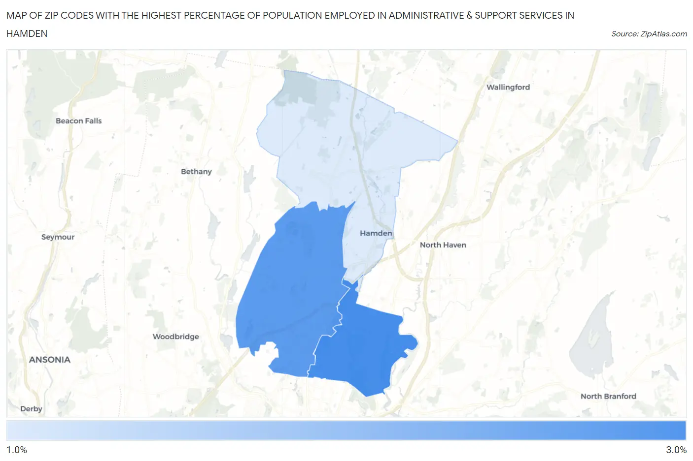 Zip Codes with the Highest Percentage of Population Employed in Administrative & Support Services in Hamden Map