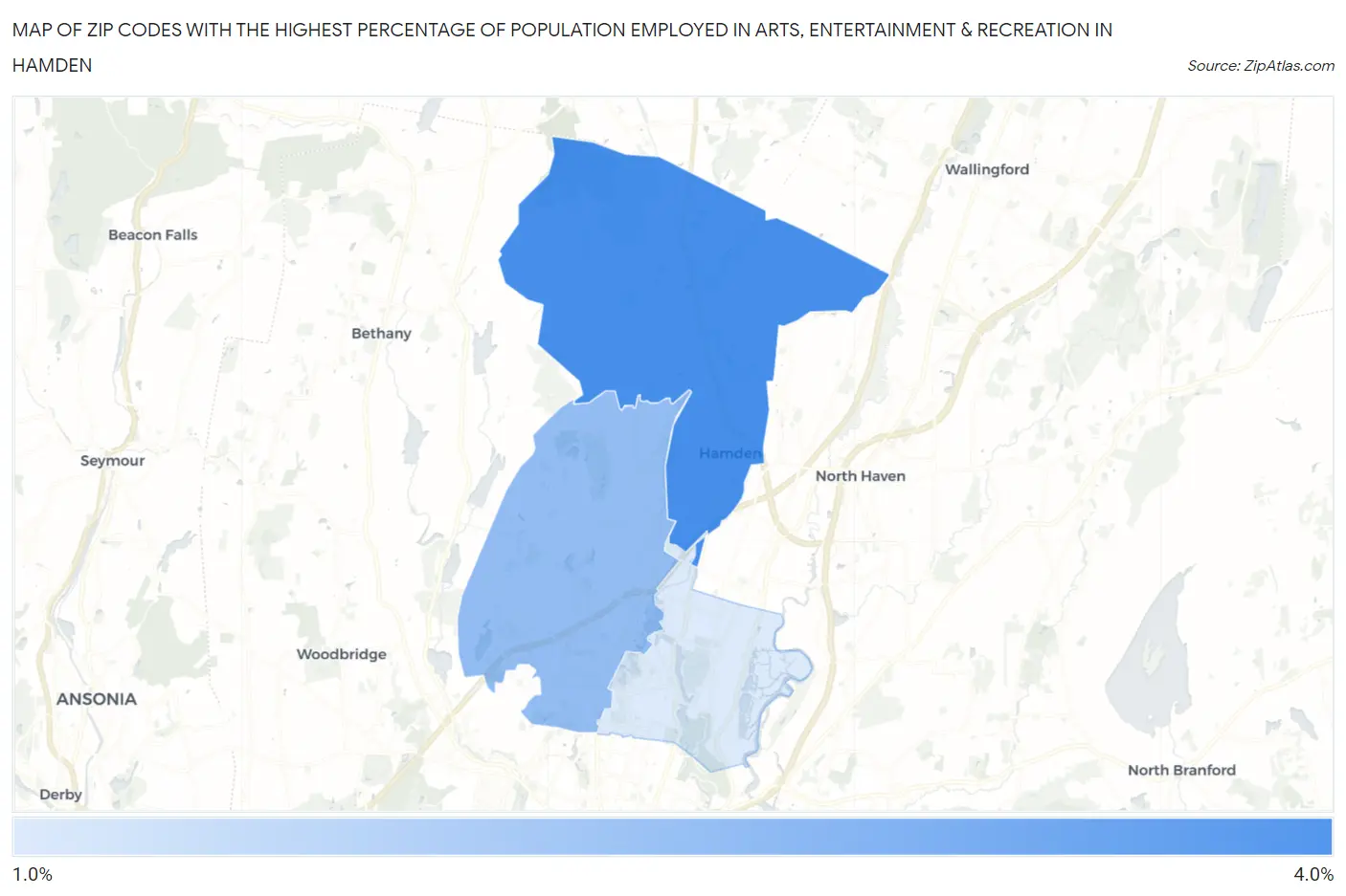 Zip Codes with the Highest Percentage of Population Employed in Arts, Entertainment & Recreation in Hamden Map