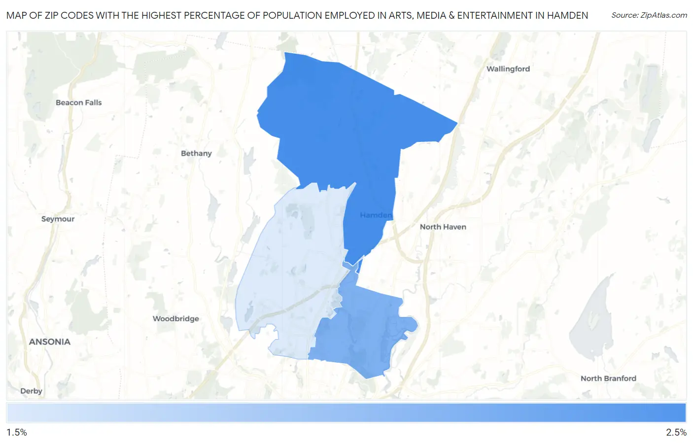 Zip Codes with the Highest Percentage of Population Employed in Arts, Media & Entertainment in Hamden Map