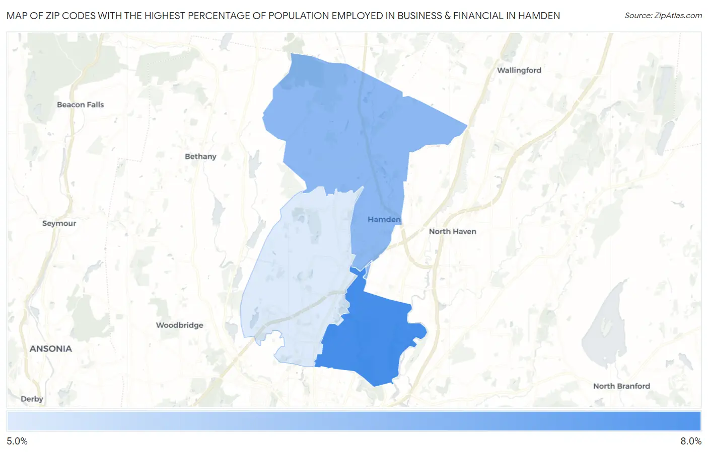 Zip Codes with the Highest Percentage of Population Employed in Business & Financial in Hamden Map