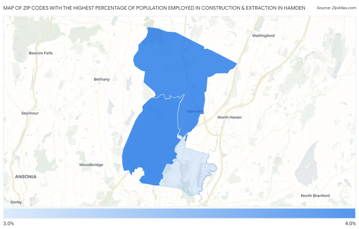 Zip Codes with the Highest Percentage of Population Employed in Construction & Extraction in Hamden Map