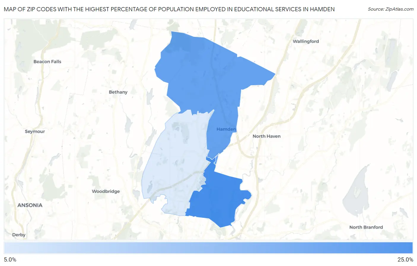 Zip Codes with the Highest Percentage of Population Employed in Educational Services in Hamden Map