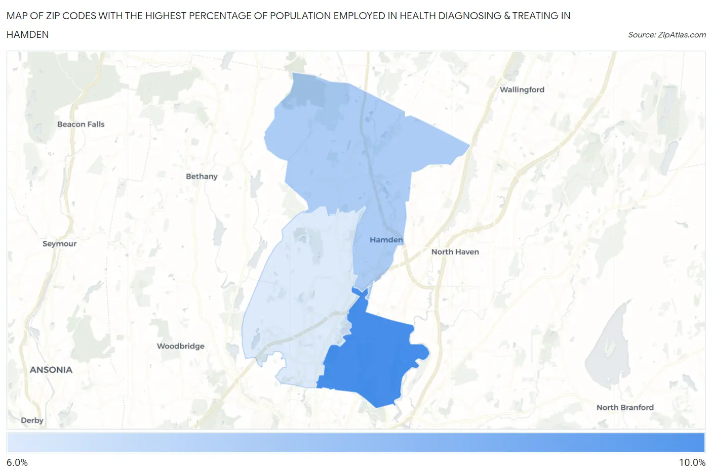 Zip Codes with the Highest Percentage of Population Employed in Health Diagnosing & Treating in Hamden Map