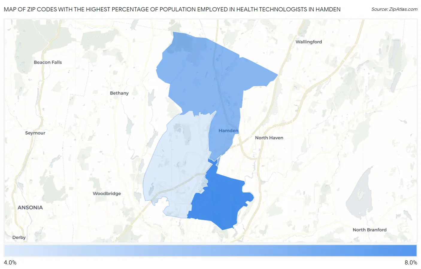 Zip Codes with the Highest Percentage of Population Employed in Health Technologists in Hamden Map