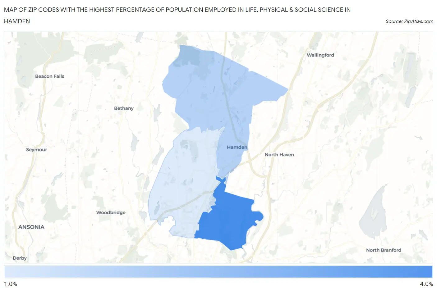 Zip Codes with the Highest Percentage of Population Employed in Life, Physical & Social Science in Hamden Map