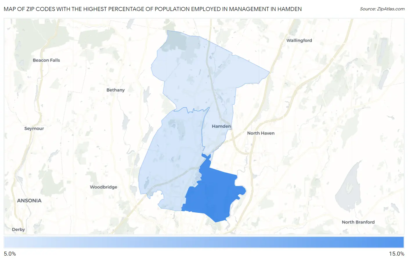 Zip Codes with the Highest Percentage of Population Employed in Management in Hamden Map