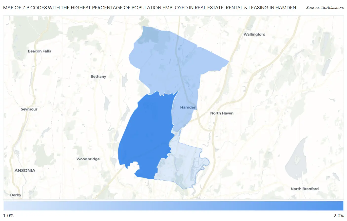 Zip Codes with the Highest Percentage of Population Employed in Real Estate, Rental & Leasing in Hamden Map