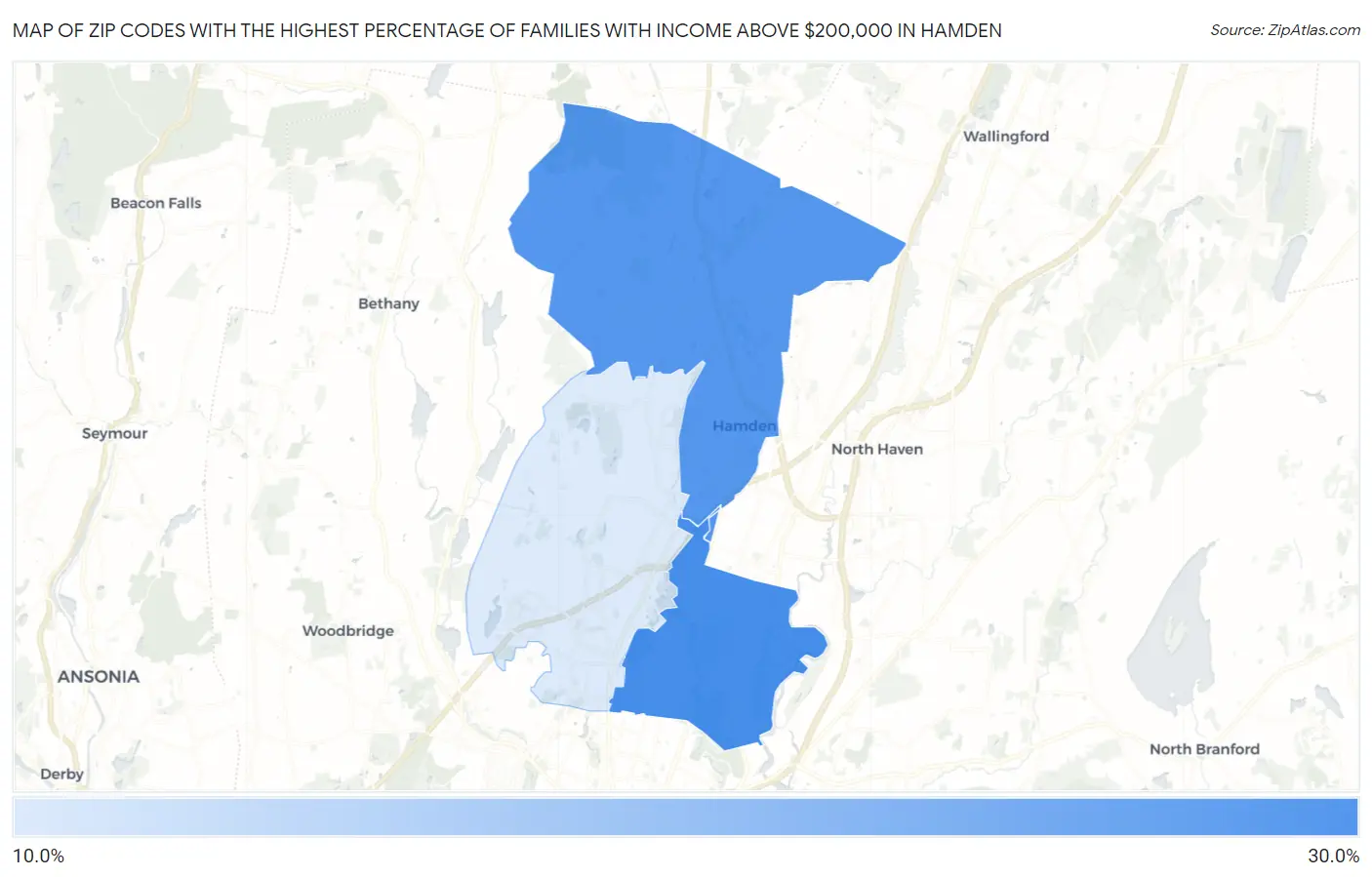 Zip Codes with the Highest Percentage of Families with Income Above $200,000 in Hamden Map