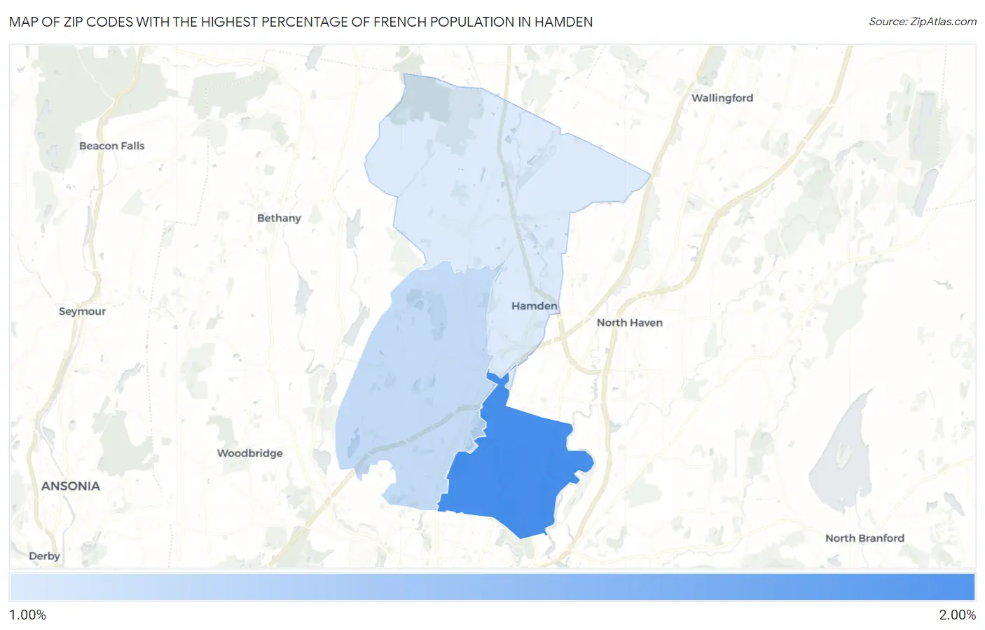 Zip Codes with the Highest Percentage of French Population in Hamden Map