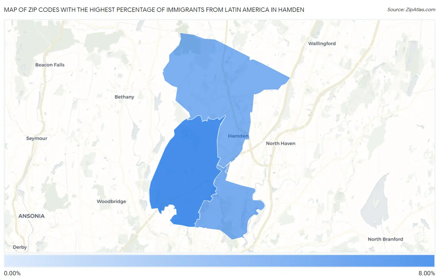 Zip Codes with the Highest Percentage of Immigrants from Latin America in Hamden Map