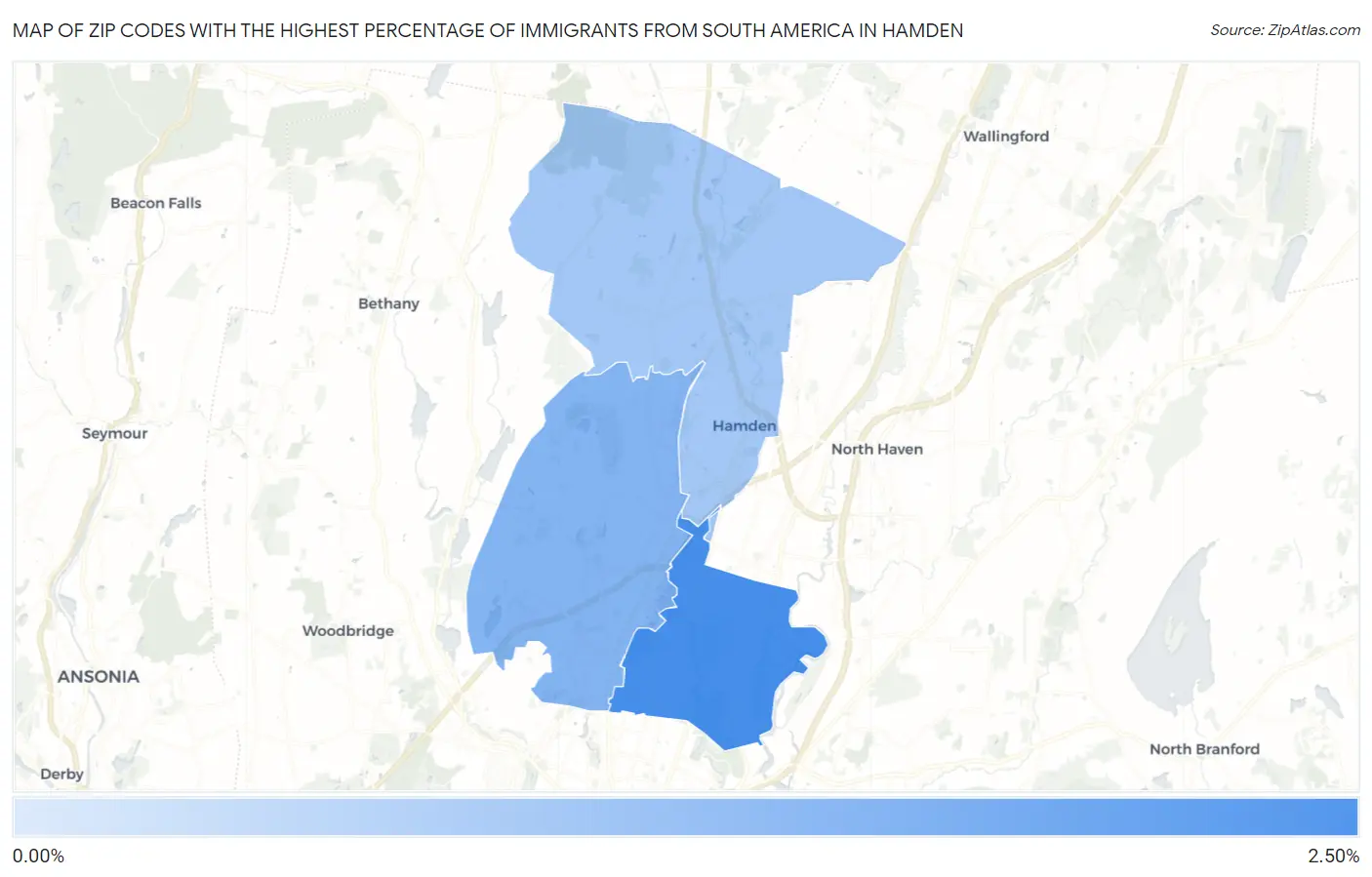 Zip Codes with the Highest Percentage of Immigrants from South America in Hamden Map