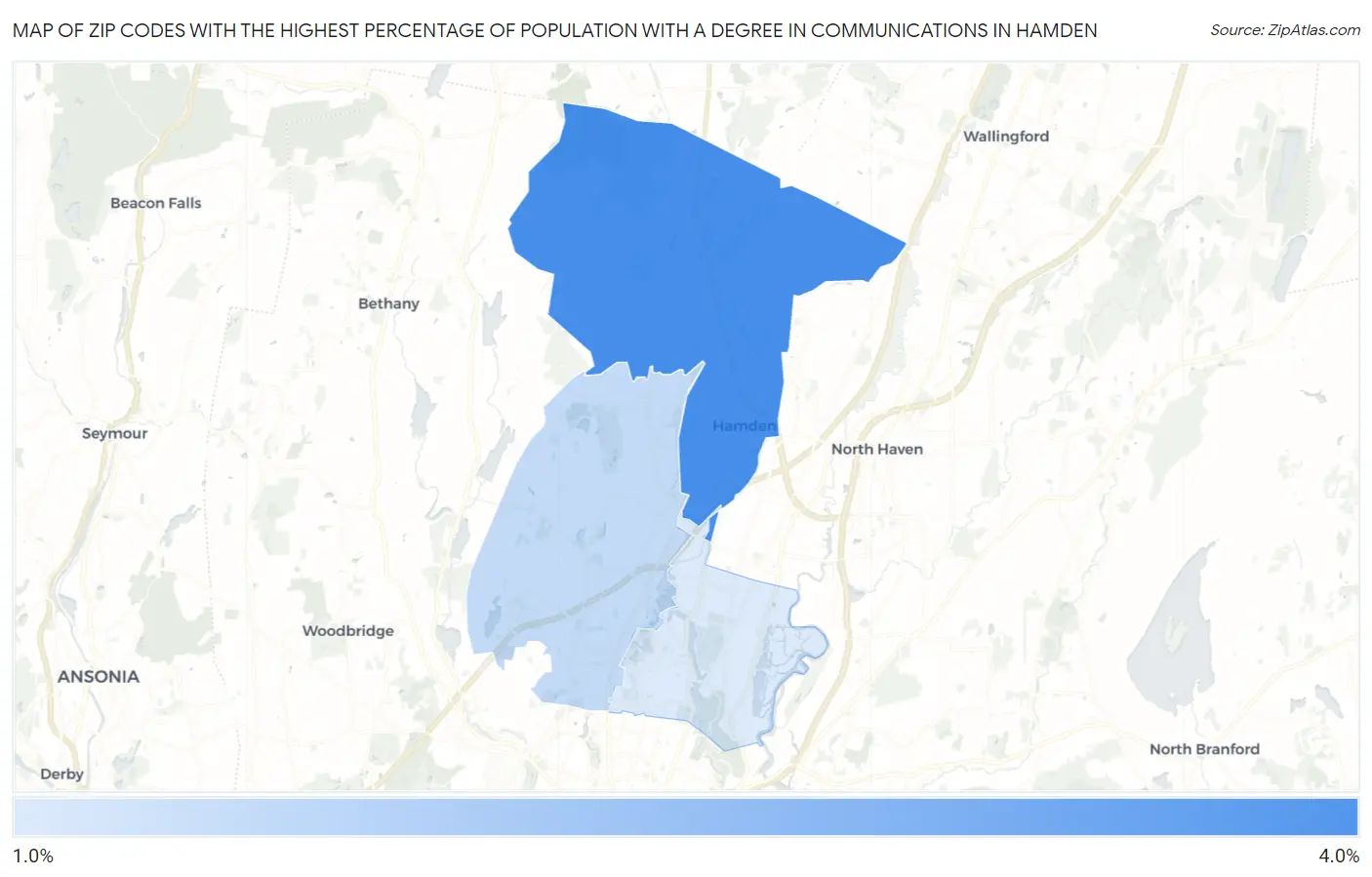 Zip Codes with the Highest Percentage of Population with a Degree in Communications in Hamden Map