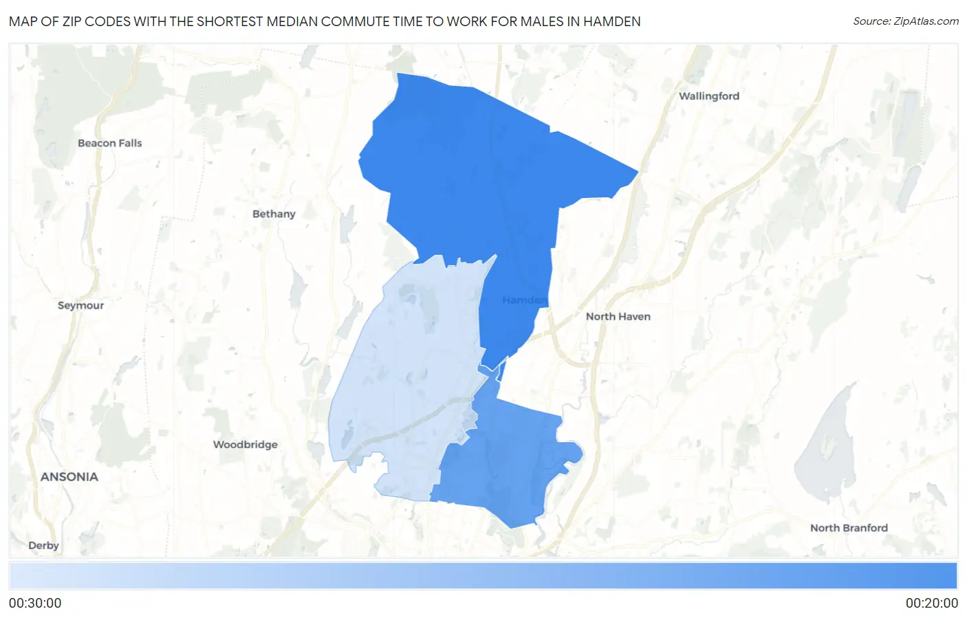 Zip Codes with the Shortest Median Commute Time to Work for Males in Hamden Map
