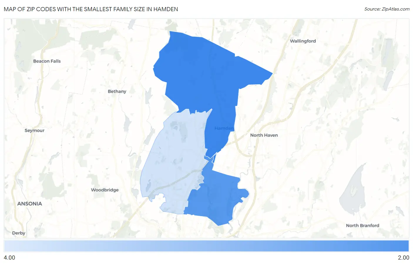 Zip Codes with the Smallest Family Size in Hamden Map